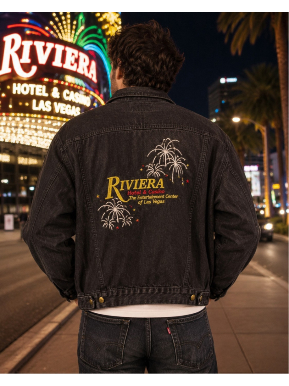 VTG 90s Riviera Hotel Casino Las Vegas Denim Jacket Sz L Embroidered Black Strip